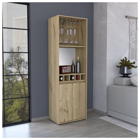 Bar Cabinet, Light Oak Finish, Double Doors, 5 Wine Racks, 2 Shelves & 2 Interior Shelves