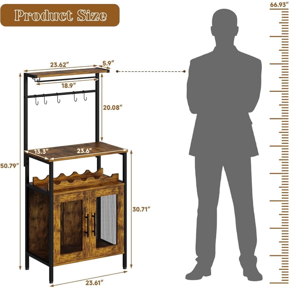 Bar Cabinet for Liquor and Glasses, Wine Rack Freestanding Floor for Small Space, 3-Tiers Storage Shelves, Industrial Coffee Bar with S Hooks, Small Buffet Sideboard Cabinet for Home