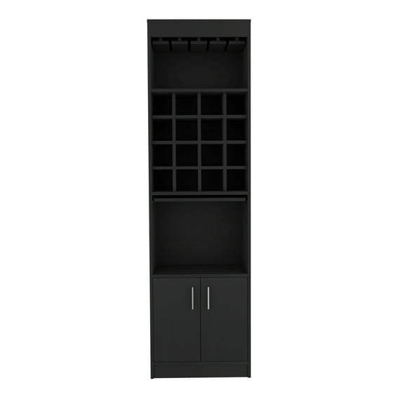 Bar Cabinet For Living Area, Black, 16 Wine , Open Shelves, One Flexible Shelf And Glass Rack, Particle Board Feature Black , Room Piece, Strong Property
