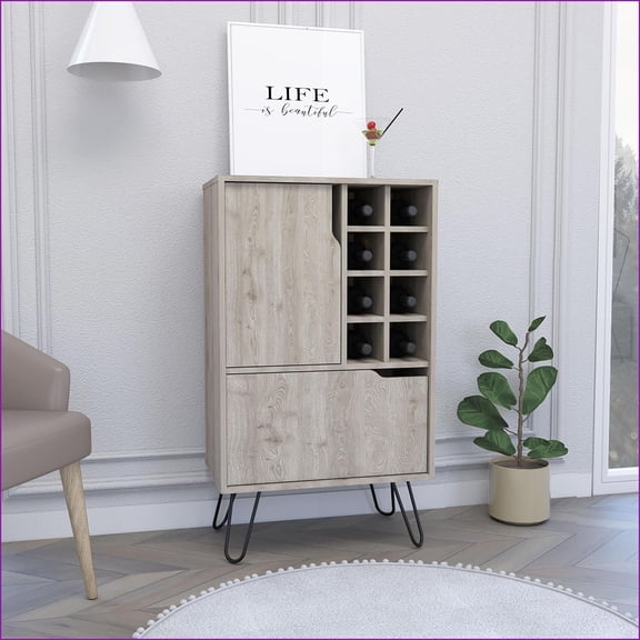 Bar Cabinet, Modern L-Shape with 8 Wine Cubbies, 2 Single-Door Cabinets | Light Gray | Particle Board