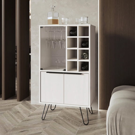 Bar Cabinet | Organize Wine Glasses & Store Bottles in Dining Room | Melamine White Oak Finish | Solve Bar Storage Issues