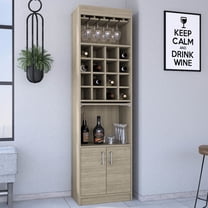 Bar Cabinet Of Pine, 71" Tall, Double Door Storage With Two Shelves, 16 Wine Rack Sections, 12 Glass Rack, Retractable Serving Tray, Bottle Liquor , Beige Pine Cabinet, High, Featuring Doors,