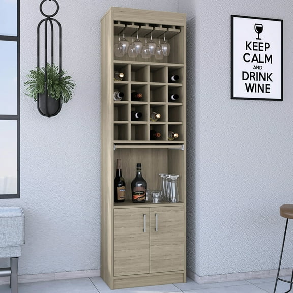 Bar Cabinet Of Pine, 71" Tall, Double Door Storage With Two Shelves, 16 Wine Rack Sections, 12 Glass Rack, Retractable Serving Tray, Bottle Liquor , Beige Pine Cabinet, High, Featuring Doors,