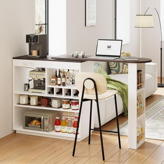 Bar Cabinet with Storage 360 Rotating Home Bar Table with Power Outlet Can Use as Breakfast Bar Counter, Sideboard, Small Coffee Bar for Living Room Apartment Partition Kitchen