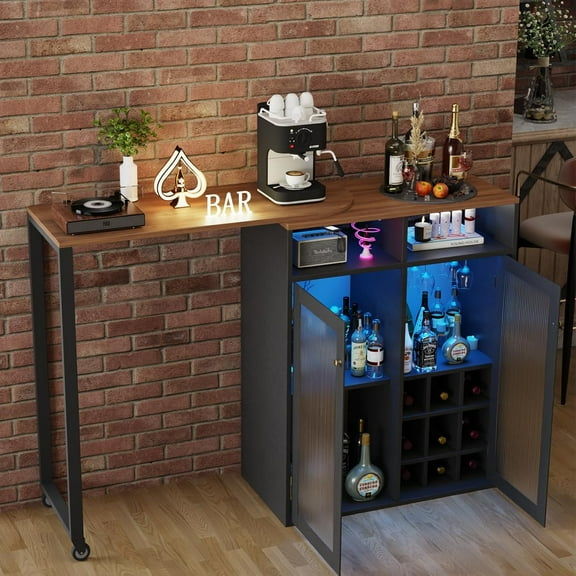 Bar Cabinet with Storage for Home, 360° Rotating Wine Cabinet, LED Bar Table with Power Outlet Wine Rack & Glass Holder, Breakfast Bar Counter,Small Coffee Bar for Living Room Apartment Office(Black)