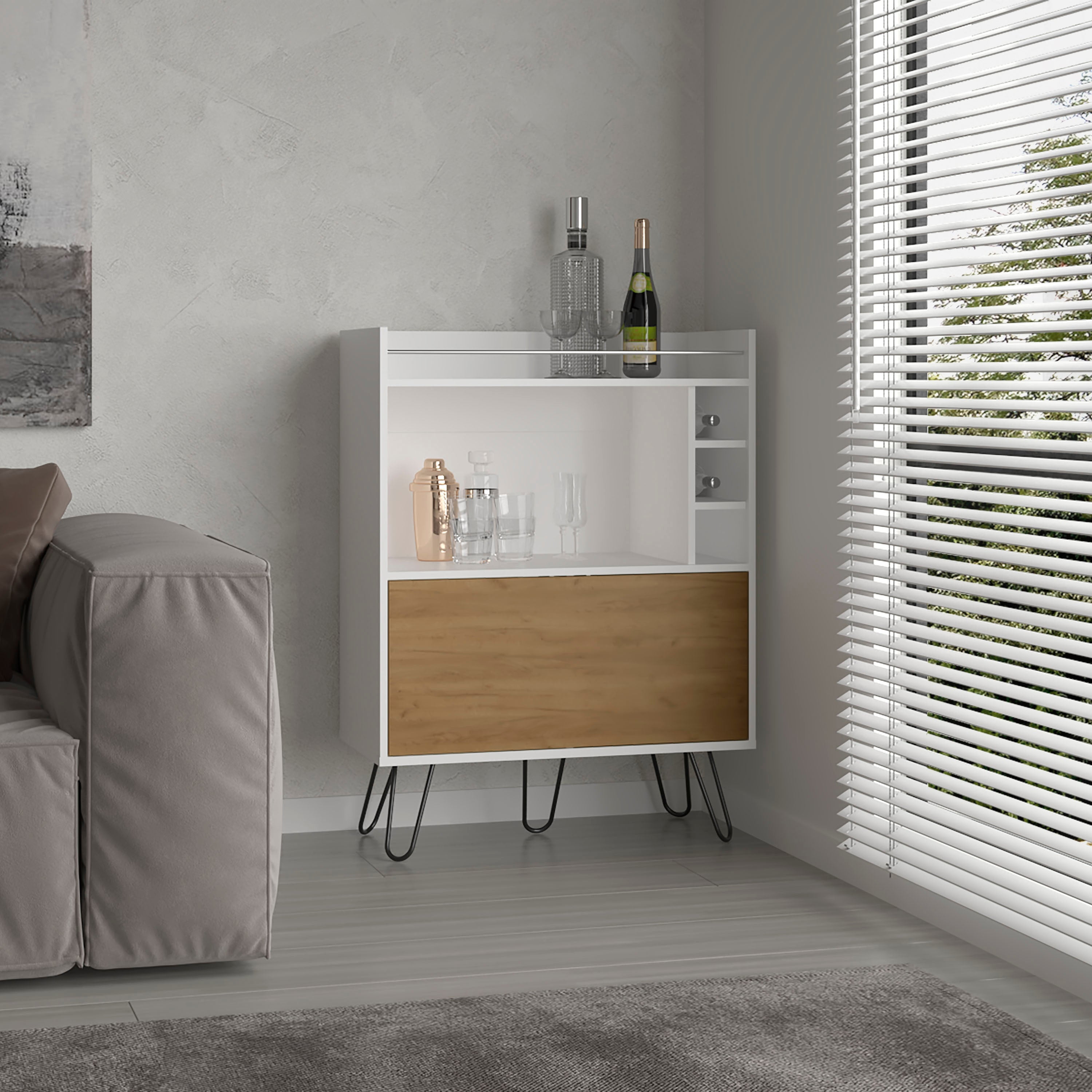 Tori 42" Tall One-Door Bar Cabinet with Three Cubbies, Three Shelves, Top Prep Surface