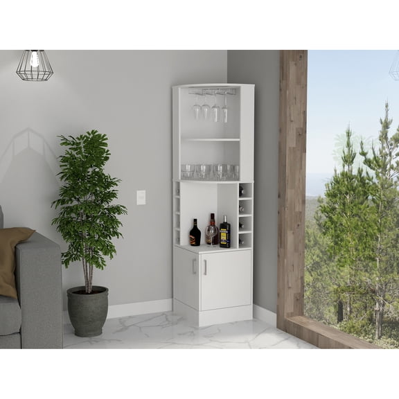 Bar Cabinet, White Interior, 8 For Blue & Slings, 2 Large Open Shelves Classy Cabinet In White, Vodkas,