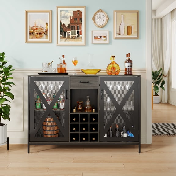 Bar Cabinet for Home with Smart Sensor LED, Wine Cabinet with Wine Rack Storage & Drawer, 55" Sideboard Buffet for Kitchen Dining Living Room