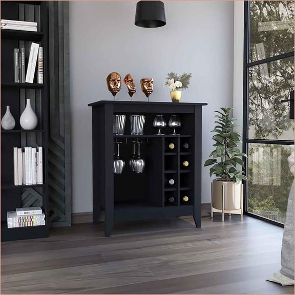 Bar Cabinet with 6 Wine Cubbies, 1 Open Shelf & Black Wengue Finish | Black | Particle Board