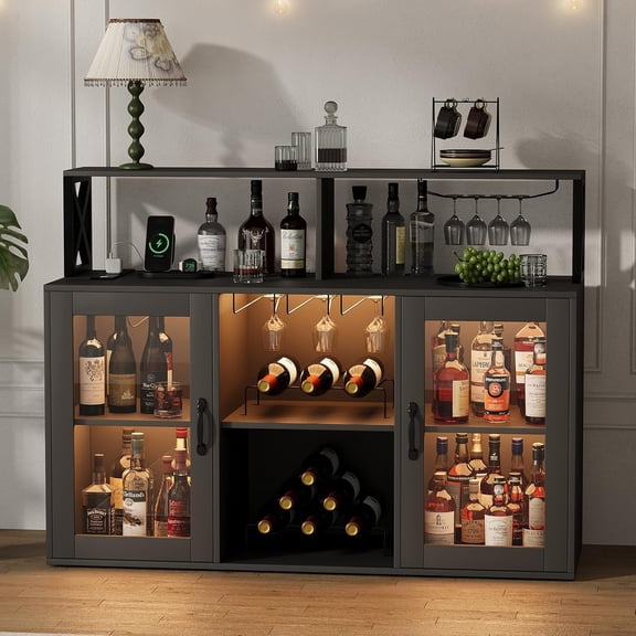 Bar Cabinet with RGB LED Lights & Power Outlets, Farmhouse Wine Storage Cabinet, 10-Bottle Rack, Music Sync, Charging Station