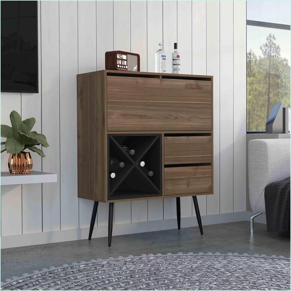Bar Cabinet with Two Drawers, One Cabinet & Four Bottle Racks | Modern | Particle Board