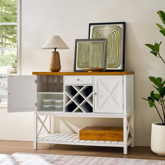 Bar Cabinet with Wine Rack, Console Table with Storage Drawer, Farmhouse Buffet Sideboard with Cabinet for Kitchen, Dining Room, White/Light Oak