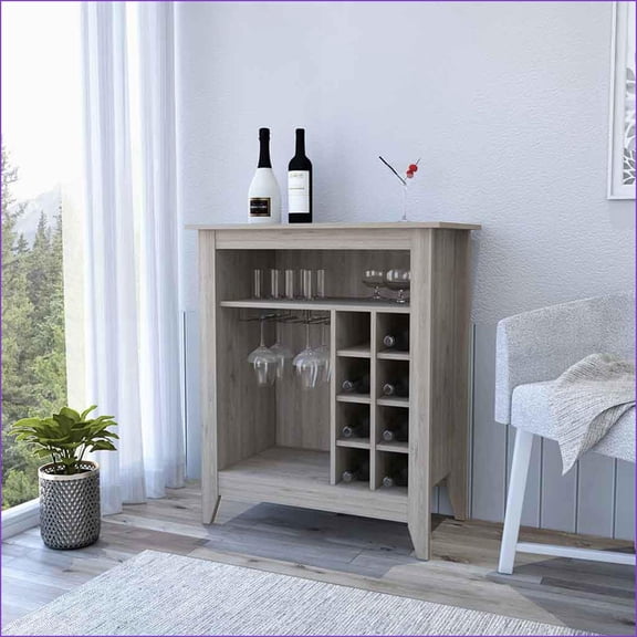 Bar Cabinets Castle with 8 Wine Cubbies, Shelves & 37.12'' Top | Light Gray | Particle Board