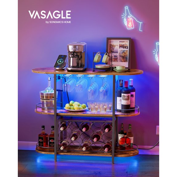 Bar Cabinets for Home, LED Coffee Bar with Power Outlets, Home Mini Bar for Liquor, Freestanding Wine Rack with Glass Holder, Kitchen, Dining Room, Rustic Brown