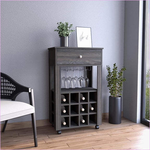 Bar Cart | 12-Bottle Wine Rack, 8-Glass Stemware, Drawer, Casters | Espresso Dark Brown | Brown | Particle Board