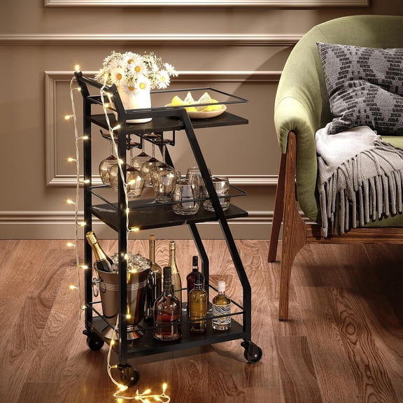 Bar Cart, 3-Tier Home Bar Serving Cart with Wheels, Drink Cart with Glass Holder, Beverage Cart, Rolling Kitchen Cart, for Home, Living Room, Marble Black and Black BC03BM