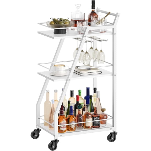 Bar Cart, 3-Tier Home Bar Serving Cart with Wheels, Drink Cart with Glass Holder, Beverage Cart, Rolling Kitchen Cart, for Home, Living Room, White