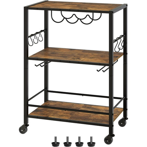 Bar Cart, 3-Tier Serving Cart, Kitchen Cart with Wine Rack, 22.4" L x 12.9" W x 32.3" H, Microwave Cart with 6 Hooks, Beverage Cart for Kitchen, Living Room, Rustic Brown and Black BC02BR
