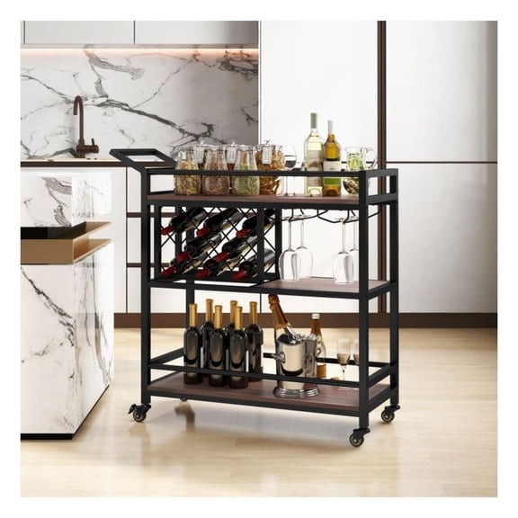 Bar Cart 3 Tier with Wine Rack & Glasses Holder - Rustic Brown Serving Cart on Wheels for Home Kitchen