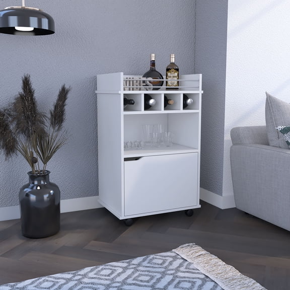 Bar Cart with 4 Wine Cubbies, 2 Shelves and Storage Cabinet, White Pine Laminated Particle Board Mobile Beverage Station on Wheels for Kitchen and Dining Room, 35"H x 21.6"W x 16.3"D