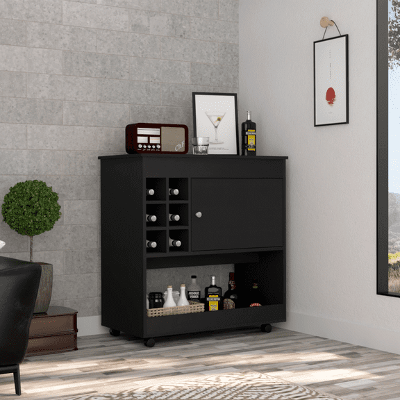 Bar Cart with 6 Bottle Cubbies and Storage Cabinet, Particle Board Mobile Beverage Station with 4 Caster Wheels, 39.9" Top, Black Finish for Kitchen, Dining Room and Living Area