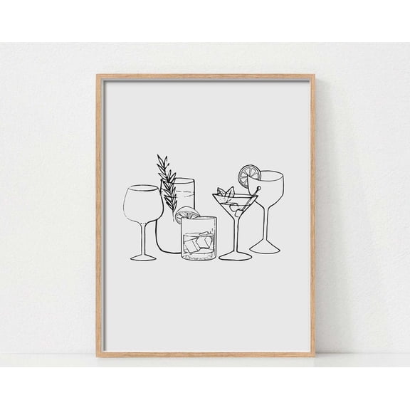 Bar Cart Art, Minimalist Bar Art Print, Black And White Art, Bar Art Vintage Retro Bar Print, Drinks Line Art Wall Art, Modern Wall Decor, 12x18 UNFRAMED