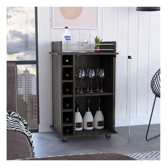Bar Cart Baltimore Espresso Finish, Wine Rack with Glass Door, 6 Bottle Cubbies, Rolling Serving Cart for Home Bar, Modern Kitchen Island