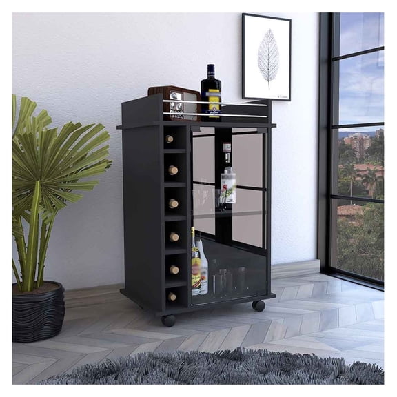 Bar Cart Baltimore, Two Tier Cabinet With Glass Door, Six Wine Cubbies, Black Wengue Finish