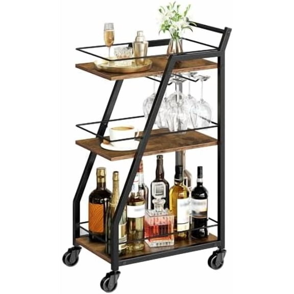 Bar Cart, Bar Cart for The Home, Small Bar Cart on Wheels, Beverage Cart, Home Bar Serving Cart with Glass Holder, Drink Cart for Bar, Kitchen, Rustic Brown and Black BC03BR