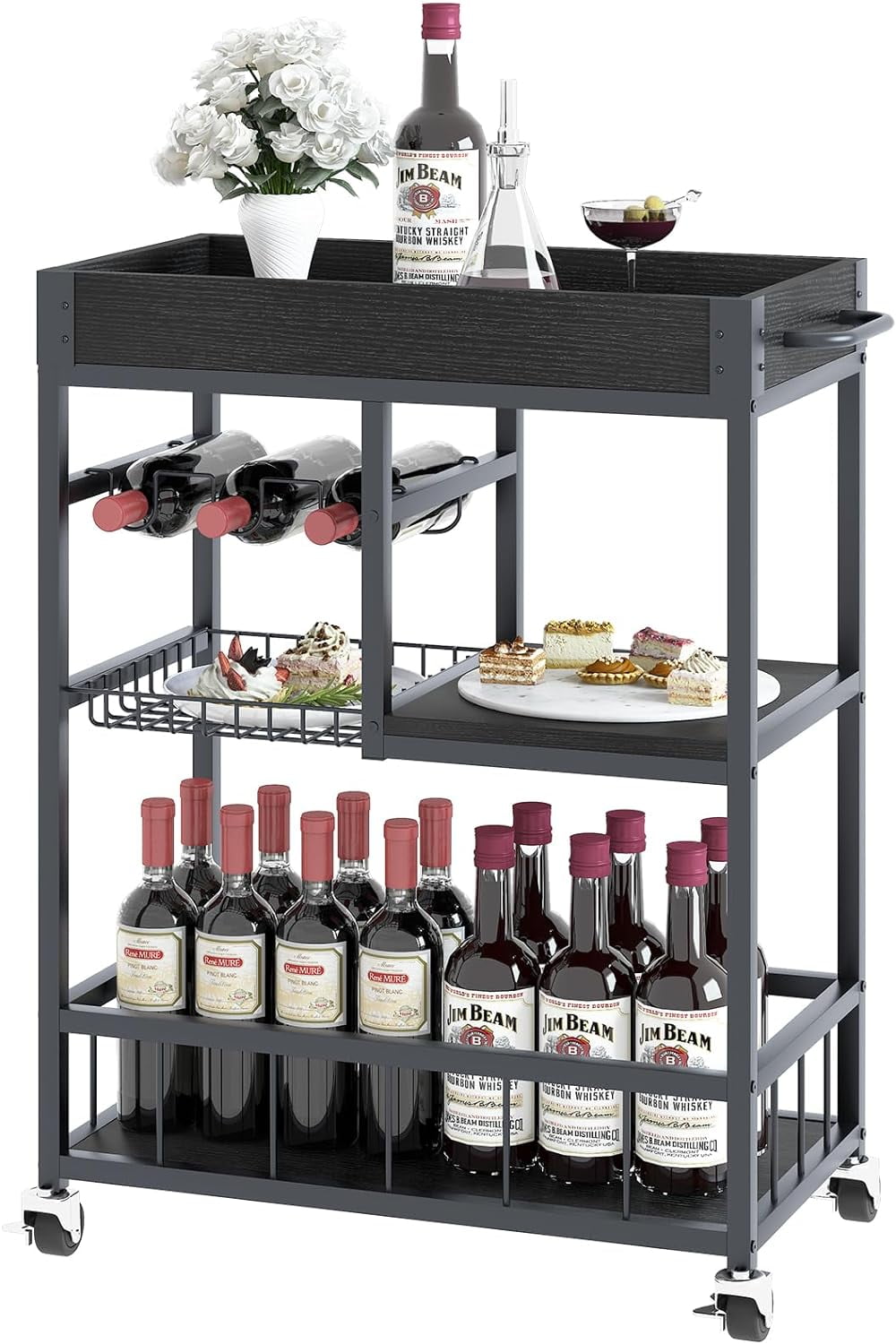 Bar Cart with Basket 3 Tiers Home Rolling Wine Rack with Wheels Mobile ...
