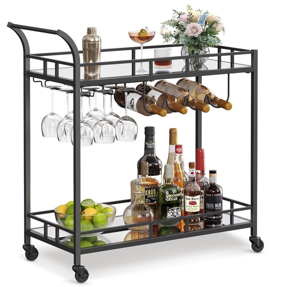 Bar Cart Black, Home Bar Serving Cart, Wine Cart with 2 Mirrored Shelves, Wine Holders, Glass Holders, for Kitchen, Dining Room, Black