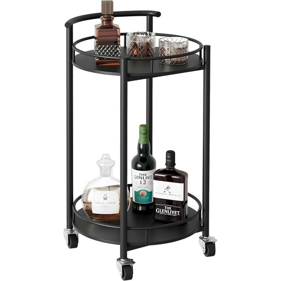 Bar Cart Black Rolling Cart for Home,2 Tiers Bar Serving Cart Round Wine Cart with Handle, Metal Wine Rack and Casters, Serving Bar Trolley for Home Kitchen,Living Room,Christmas,New Year