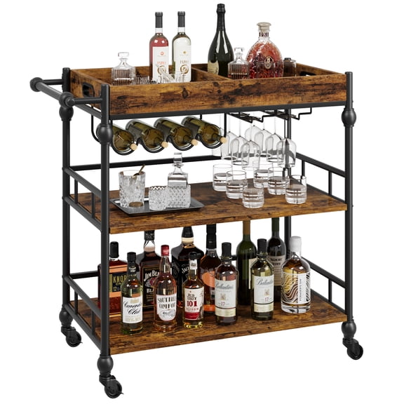 Bar Cart, Bar Carts for The Home, 3 Tier Serving Cart with Wheels, Home Bar & Serving Carts, Metal Rolling Cart with Wine Rack & Removable Tray for Kitchen, Dining Room, Living Room