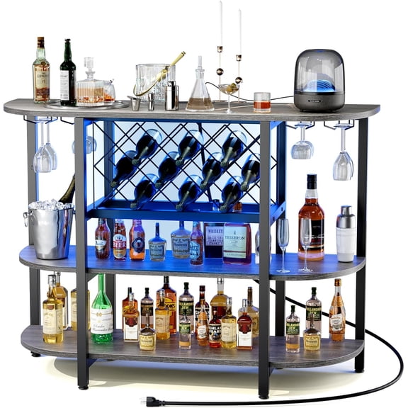 Bar Cart with Charging Station, LED Home Bar Cabinet with Storage, Metal Wine Table with Glasses and Bottle Holder, Freestanding Bar Cabinet for Living Room or Dining Room, Grey