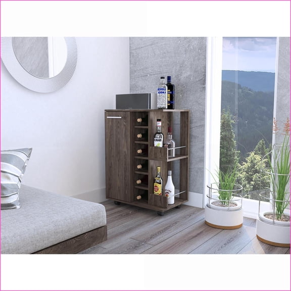 Bar Cart Dark Walnut with 2 Shelves, 6 Wine Rack, Cabinet, 4 Casters | Modern | Particle Board
