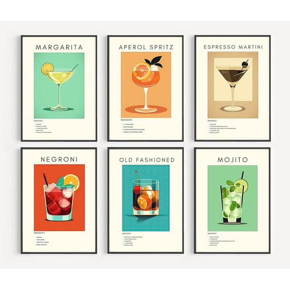 Bar Cart Decor Cocktail Poster Danish Pastel Alcohol Drink Canvas Wall Art, Colorful Funky Wall Decor Painting for Bar Party College Dorm Apartment Set of 6 8x10In Unframed