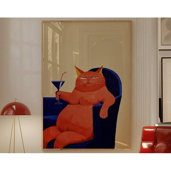 Bar Cart Decor, Martini Print, Cat Poster, Retro Kitchen Decor, Mid Century Modern Decor, Trendy Wall Art, Cheers Print, Dining Room Print, 8x12 UNFRAMED