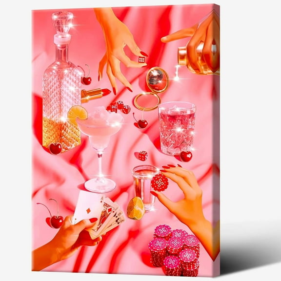 Bar Cart Decor Vintage Pink Poker Playing Cards Poster With Funny Dice, Cool Funky Cocktail, and Alcohol Drinks Prints Paintings 12x16in Framed Canvas Wall Art
