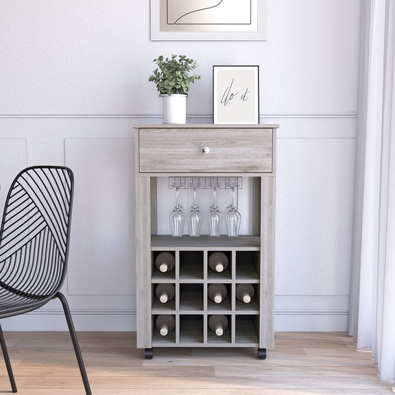 Bar Cart Drawer In Gray With Wine And Glassware Organization For Organized Storage Mobility