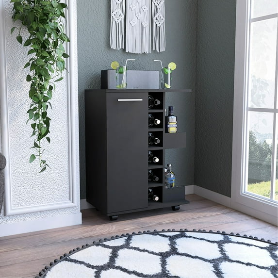 Bar Cart Featuring Two Open Liquor Bottle Shelves with Rail Guards | Used in Living Rooms or Dining Areas | Provides Safe Storage for Bottles