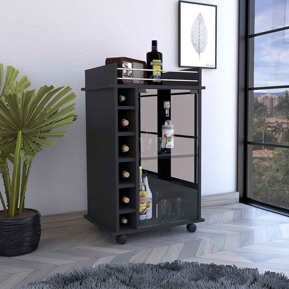 Bar Cart with Glass Door Cabinet and Six Wine Cubbies, Particle Board Two Tier Mobile Beverage Station with Lockable Wheels and Metal Rails, Black Wengue Finish for Kitchen and Dining