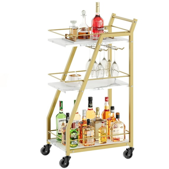 Small Bar Cart on Wheels, Gold Home Bar Serving Cart with Marble Pattern, 3-Tier Storage for Wine Glasses Bottles, Portable for Kitchen Living Room, Marble White and Gold