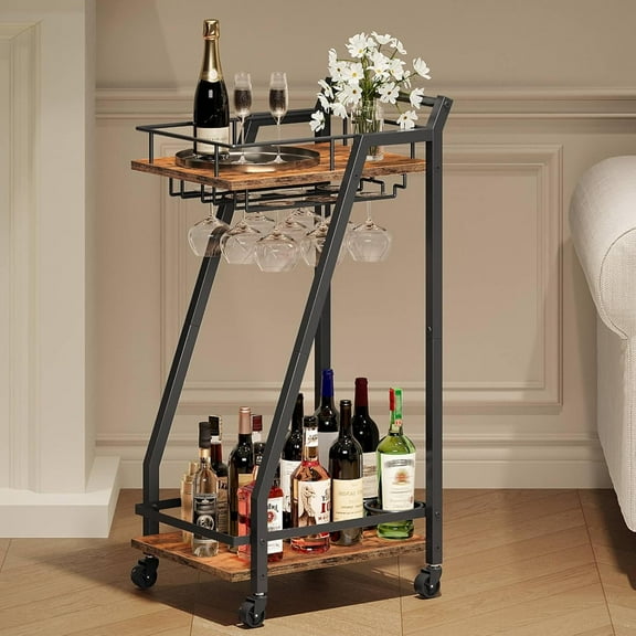 Bar Cart Gold, Home Bar Serving Cart, Kitchen Cart, Rolling Beverage Cart & Wine Rack and Glass Holder 2 Storage Shelves, Cocktail Cart for Home Dining Party, White and Gold DM27TC01