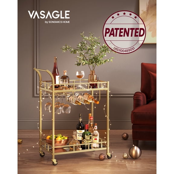 Bar Cart Gold, Home Bar Serving Cart, Wine Cart With 2 Mirrored Shelves, Wine Holders, Glass Holders, For Kitchen, Dining Room