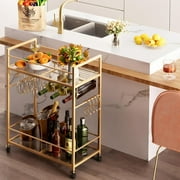 Bar Cart Gold Home Bar Serving Mobile Cart, 2 Tiers Wine Cart with Wine Rack and Glass Holder, Modern Rolling Alcohol Wine Cart, Wine Holders for Home Kitchen Dining Living Room and Party