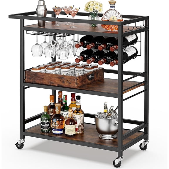 Bar Cart for Home, 3 Tier Black Serving Rolling Carts with Wheels, Drink Cart, Liquor Stand with Removable Tray, Wine Rack and Glass Holder for Kitchen, Outdoor, Dining Room-Black Brown