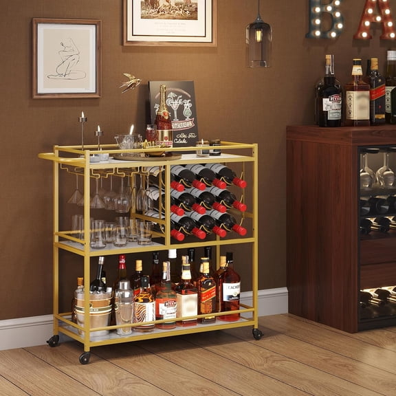 Bar Cart for The Home, 3 Tier Drink Cart with Lockable Wheels, 12 Wine Rack and 3 Rows Glass Holders, Liquor Serving Cart for Kitchen Dining Livingroom, 31.6" x 13.1" x 33.9", Gold