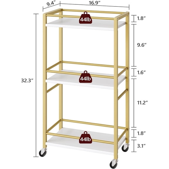 Bar Cart for The Home, 3-Tier Drink Cart on Wheels, Home Bar Serving Cart, Mini Bar Cart for Small Space, Rolling Kitchen Carts for Bar, Kitchen, Dining Room, Gold RCJW4001