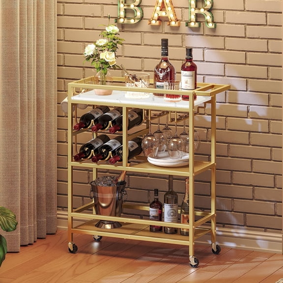 Bar Cart for Home, 3-Tier Serving Cart with Wheels and Handle, Beverage Cart with Wine Rack and Glass Holders, Rolling Wine Cart for Kitchen, Dining Room, Gold and White RCJM6101