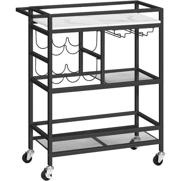 Bar Cart for Home, 3-Tier Serving Cart with Wheels and Handle, Beverage Cart with Wine Rack and Glass Holders, Rolling Wine Cart for Kitchen, Dining Room, Marble and Black RCHM6101